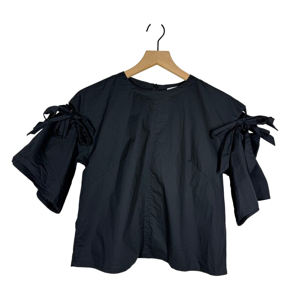 Pearl by Lela Rose Boho Top Sz XS Black Bow Detail Bell Sleeve Peasant Poplin